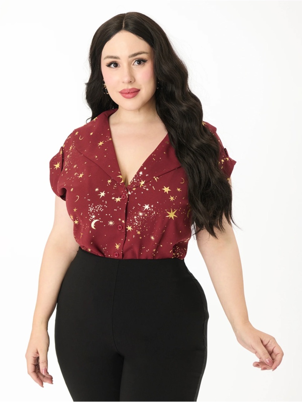 Unique Vintage Burgundy Star & Moon Print Blouse